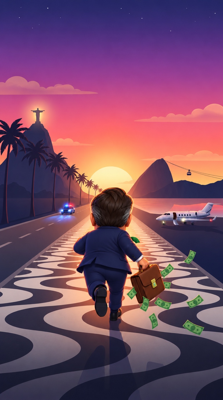 Arte do Bolsodash: senador com uma mala pela orla do Rio ao pôr do sol, com viatura e jatinho ao fundo.